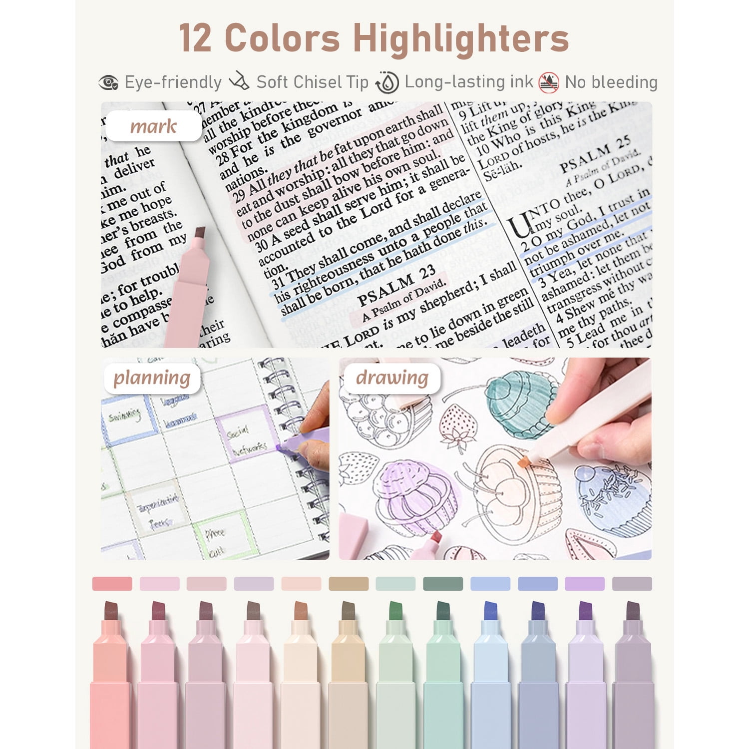Four Candies 39 PCS Cute Supplies with Pen Case- 5 Black Ink Gel Pens, 12 Pastel Highlighters, 6 Aesthetic Mechanical Pencils Set for Stationary College Essentials (Cream)