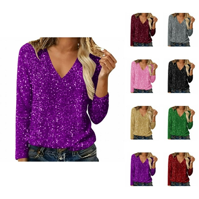 Hauts à Paillettes pour Femmes 2026 Mode de Printemps Manches Longues Col en V T-Shirts Décontractés à Paillettes Haut de Sortie Tenue de Rave