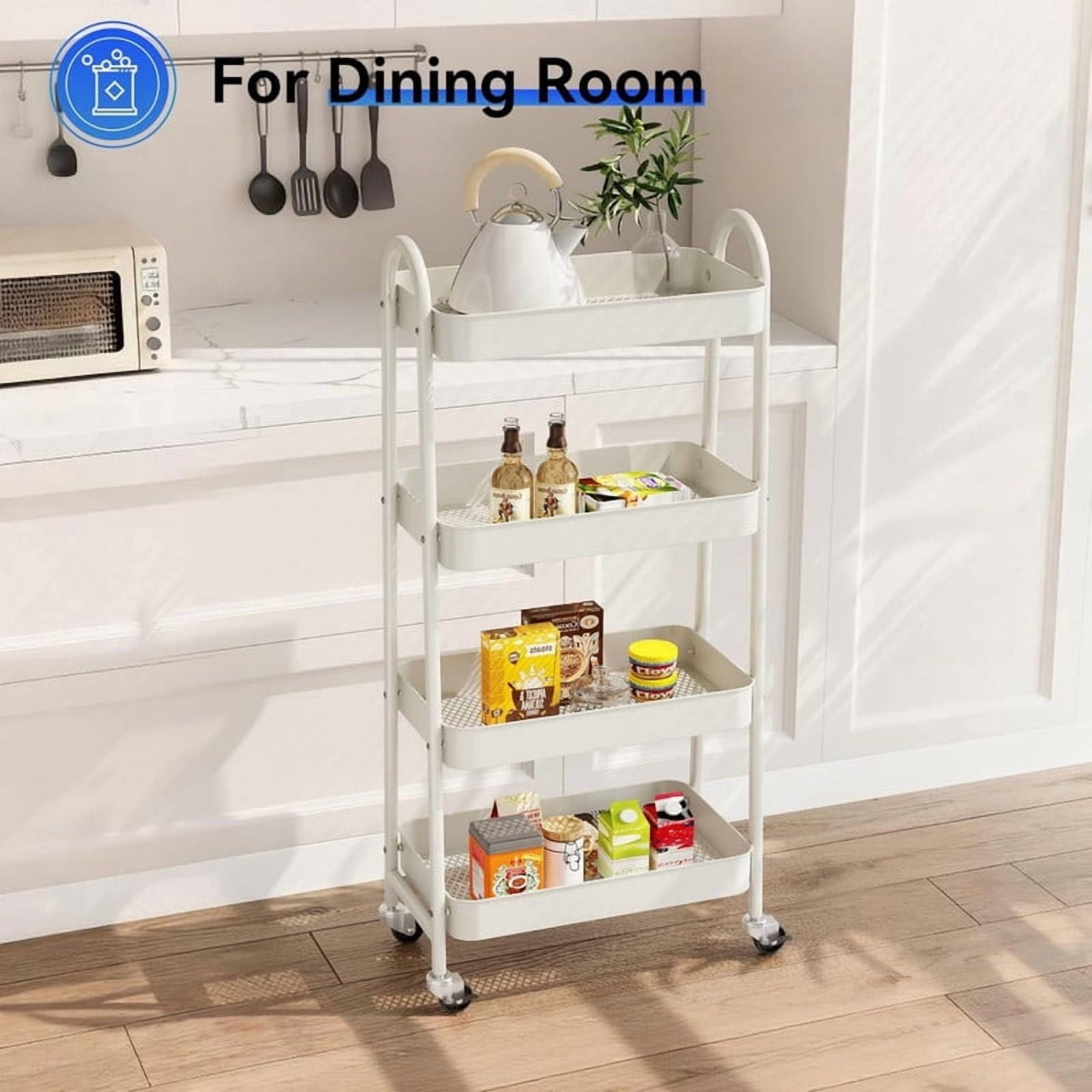 Kelno 4 Tier Rolling Cart Metal Utility Storage Cart Mobile Storage Organizer with Lockable Wheels,White