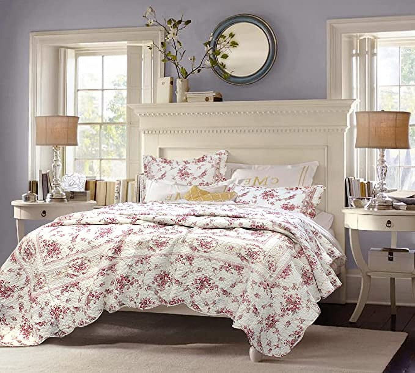 Cozy Line Cottage Vintage Rose Reversible 100% Cotton Quilt Bedding Set, 3-Piece Queen Set