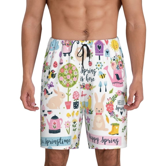 Naloa Spring Flowers Birds Men's Short Pajama Pants, Lounge Comfort Shorts with Elasticized Waistband and Side Pockets - Small