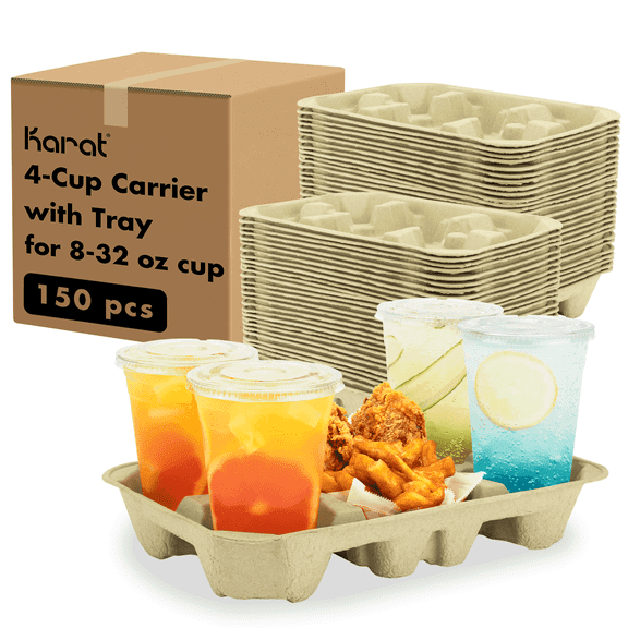 [150 ct] Drink Carrier with tray | Karat | for 4 Cups (8-32 oz), Paperboard, Kraft