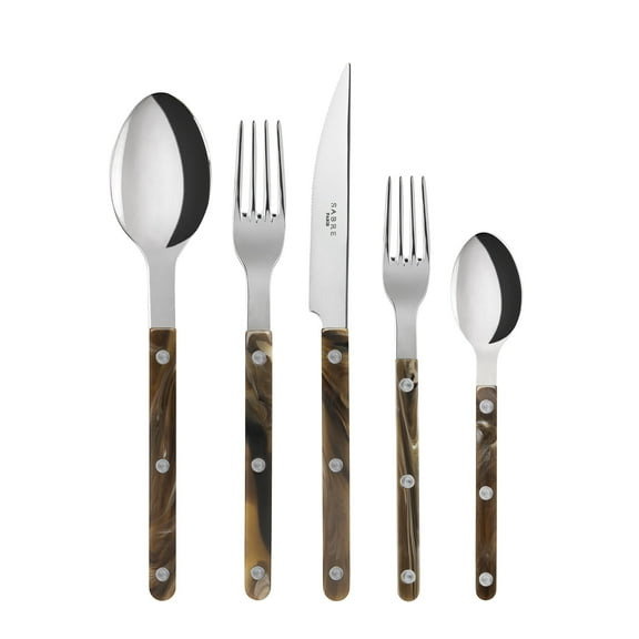 Sabre-Paris Bistrot Buffalo 5-Piece Flatware Set for 1 - Bistrot Collection -  Knife, Fork, Soup Spoon, Teaspoon & Dessert Fork - Stainless Steel & Nylon   Shiny Finish Service for 1  Faux Buffalo