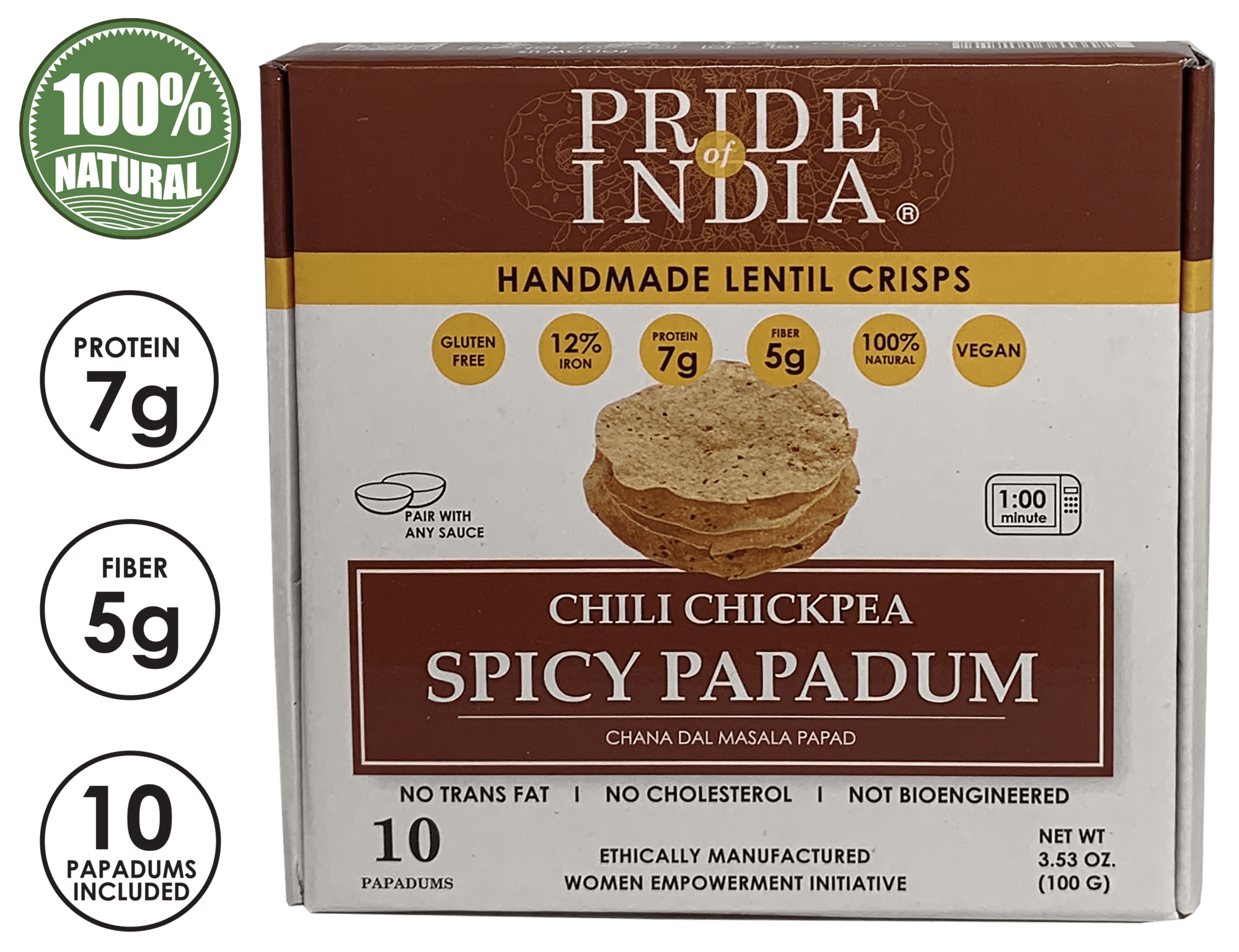 Pride of India - Spicy Chickpea Masala Papadum Lentil Crisp, 10 count (3.53 oz - 100 Gm) - Microwaveable Instant Chips