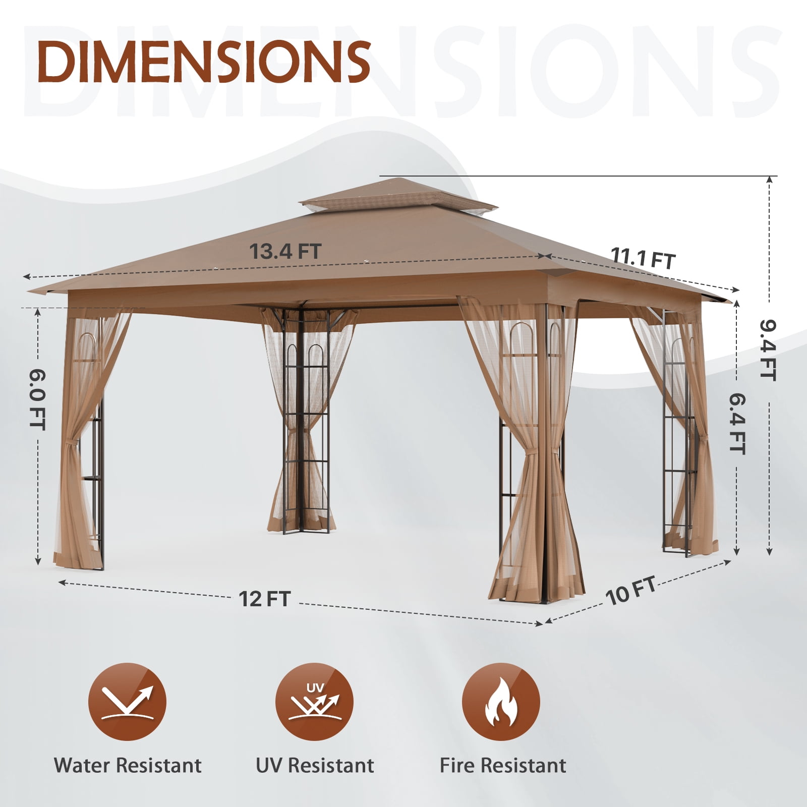 COOS BAY 13x11 Patio Outdoor Gazebo with Mosquito Netting, Two-Tier Canopy Tent with Screen Wall for Backyard, Lawn and Garden, Brown