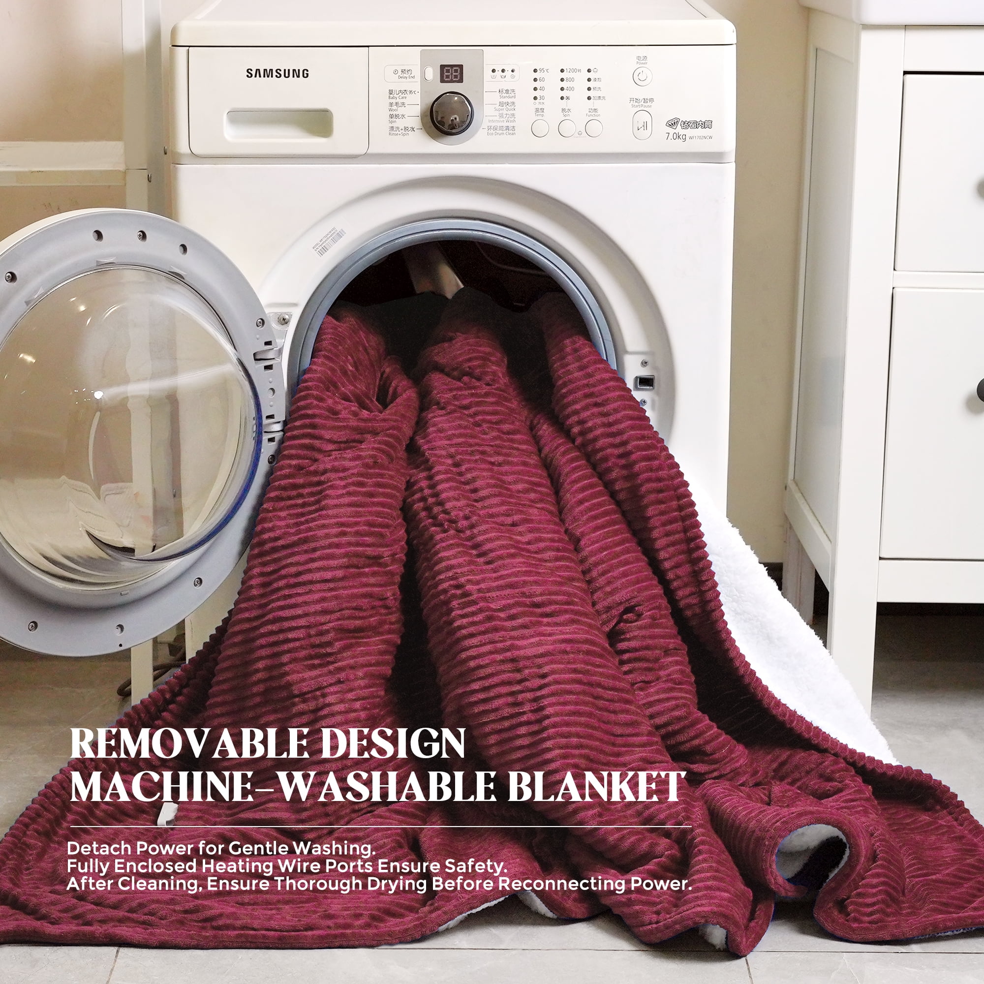 UNIKOME Flannel Wine Heated Electric Blanket, 50 in x 60 in