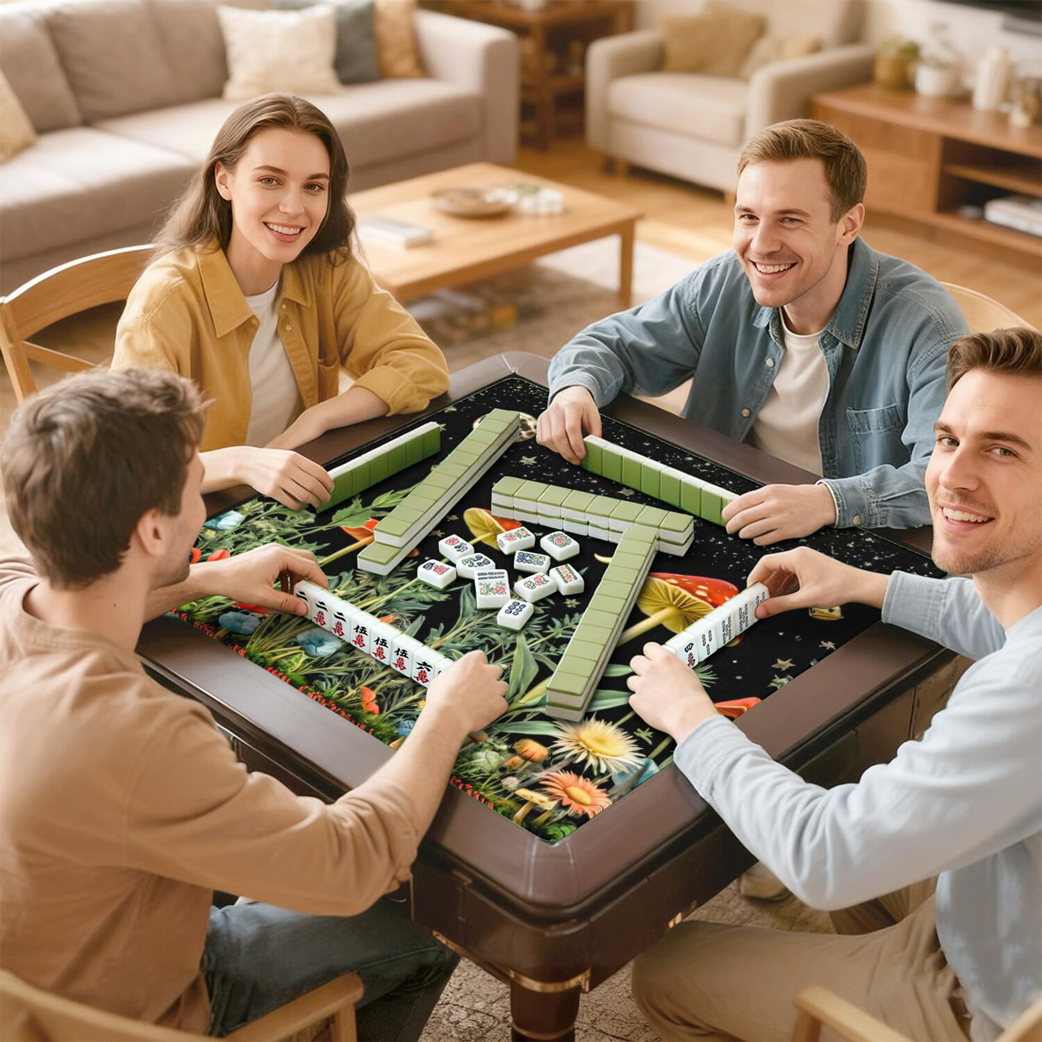 Botanical Pattern Mahjong Mat 31.5x31.5 Inches Crafted from Premium Rubber with Anti-Slip Grip Surface and Noise Dampening Features for Tiles Cards Games