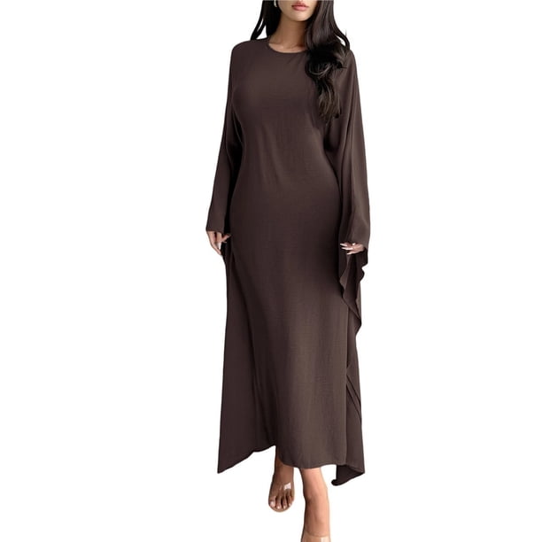 Vestido Islámico Elegante de Color Liso con Mangas Murciélago para Mujer. Café S
