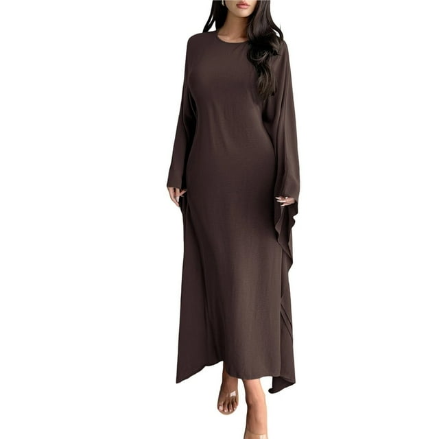 Vestido Islámico Elegante de Color Liso con Mangas Murciélago para Mujer. Café M