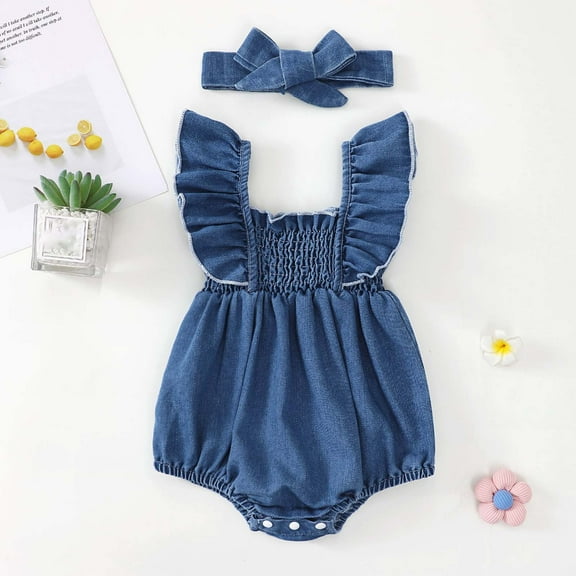 lmcalzta Infant Baby Clothes for Girls Denim Romper Ruffle Sleeveless Jumpsuits with Headband Easy Snap-Closure(0-12M)