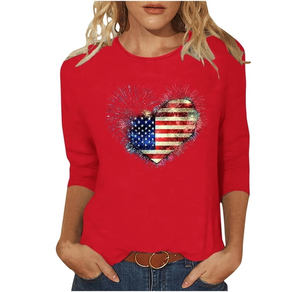 SYMOID Womens Red 4th of July Shirt Heart American Flag 3/4 Sleeve Crew Neck Patriotic Top,Size 4XL