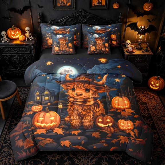 Manfei Cute Highland Cow Print Twin Bedding for Kids, Halloween Pumpkin Witch Hat Art Bedding Comforter Set, Black Reversible, 7-Piece