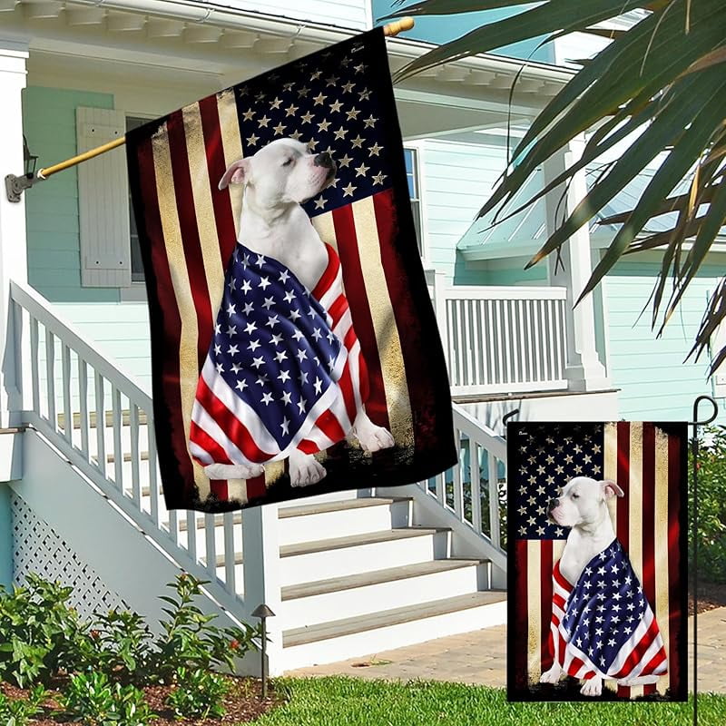 American Bulldog House Flags, Dog Decor Flag - 4th of July Decorations for Home, Yard Decor, House Flag Patriotic Dog Decor, Double Sided, Heavy Duty Canvas Flag Indoor Outdoor