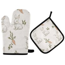 Yayeee Oven Mitts and Pot Holder Set of 2 Heat Resistant Kitchen Gloves Baking Hot Pad, Beige Rabbits and Carrots