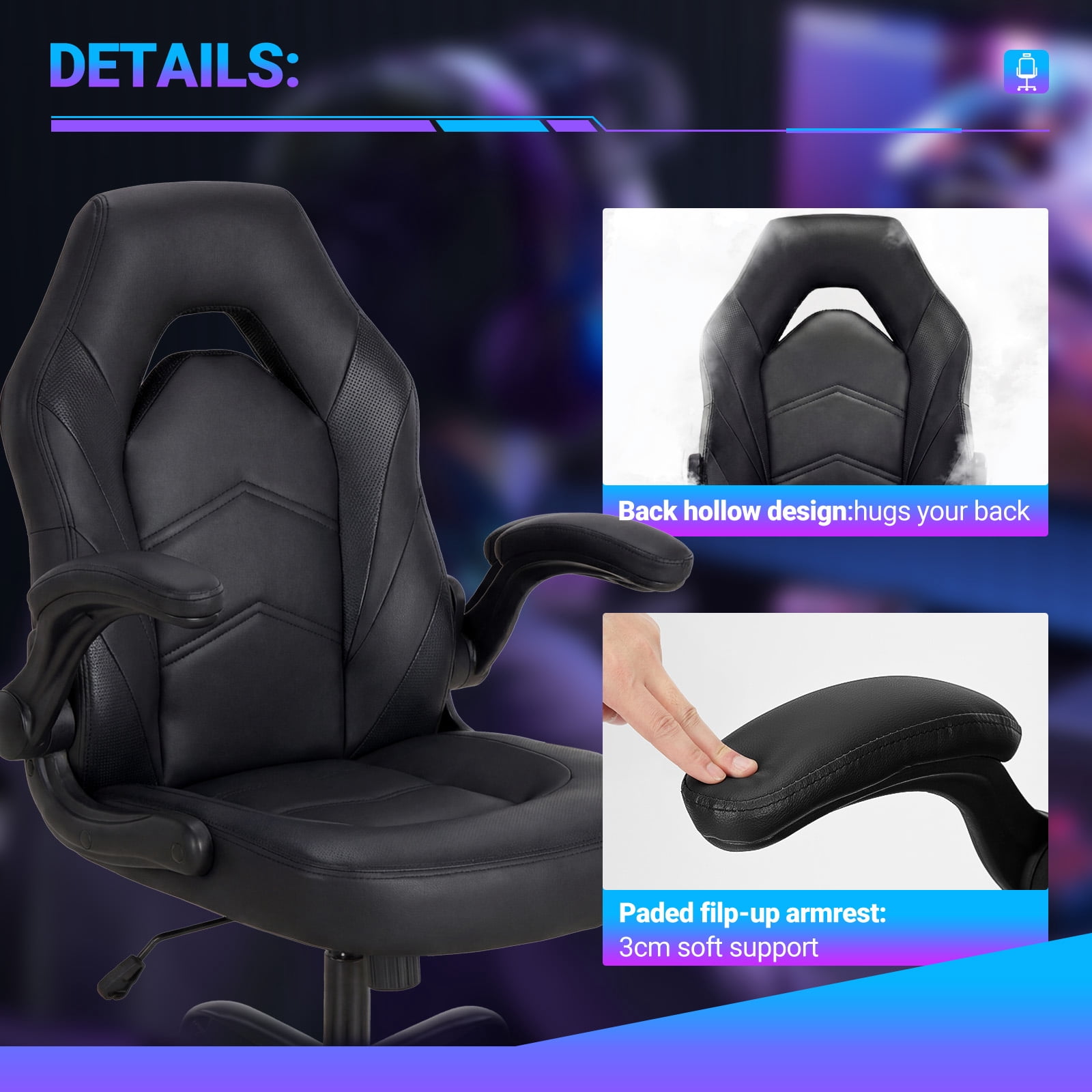 EDX Ergonomic Gaming Chair with PU Leather, Adjustable Swivel Computer & Office Desk Chair with Flip-Up Armrests, Black