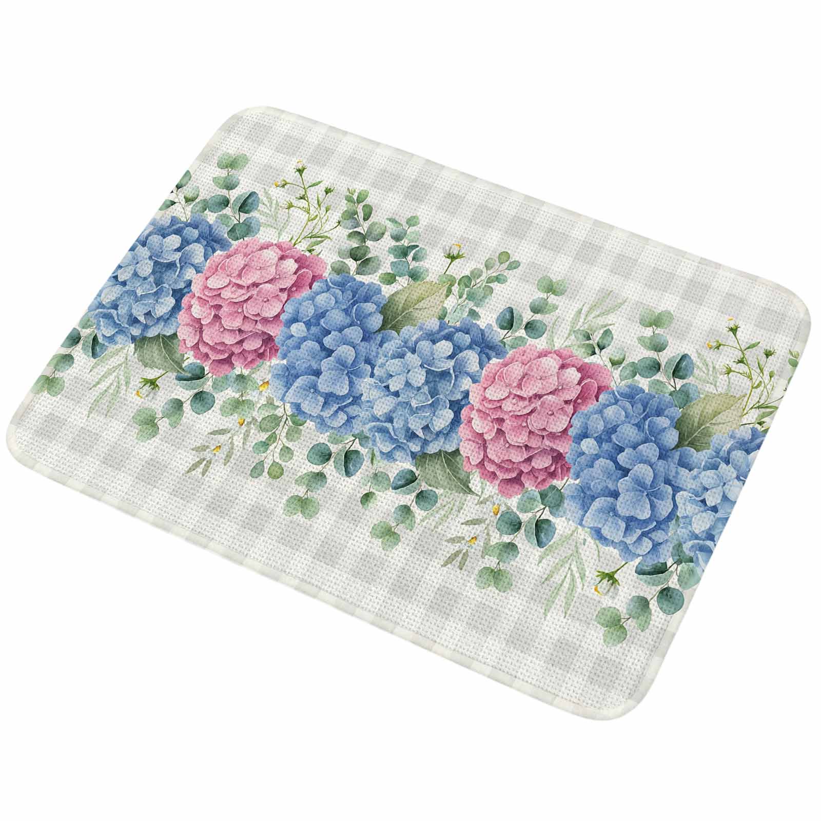 Doormat Hydrangea Flower Front Door Mat Entrance Soft Non Slip Absorbent Doormats Eucalyptus Leaf Grey Plaid Welcome Floor Mat Rugs for Entryway Porch Bathroom Bedroom Kitchen Indoor Outdoor 32"x47"