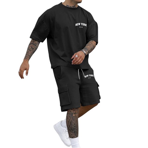 Playeras Cuello V Para Hombre, Conjunto De Dos Piezas De Camiseta Y Pantalones Cortos De Manga Corta Con Estampado Masculino, Camisa Estampada Y Pantalón Corto.