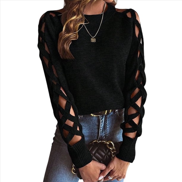 Suéter de Cuello Redondo con Mangas Raglán Huecas de Color Liso para Mujer, Estilo Y2K Negro M