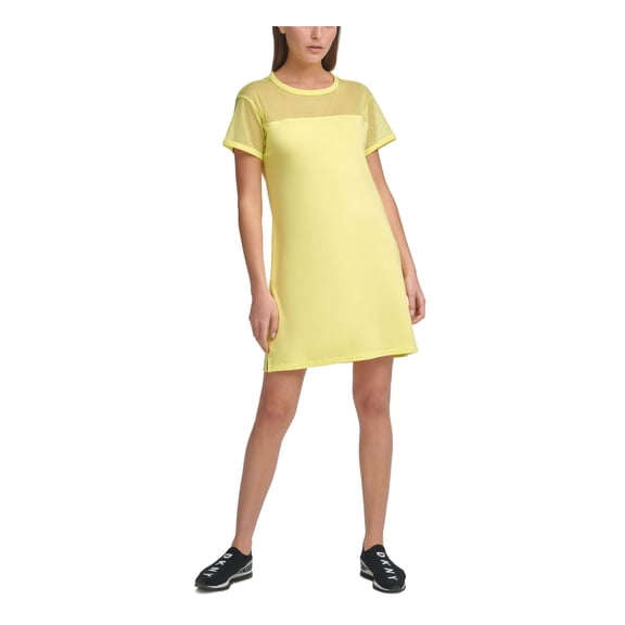 DKNY SPORT Womens Yellow Stretch Short Sleeve Crew Neck Short Shift Dress L