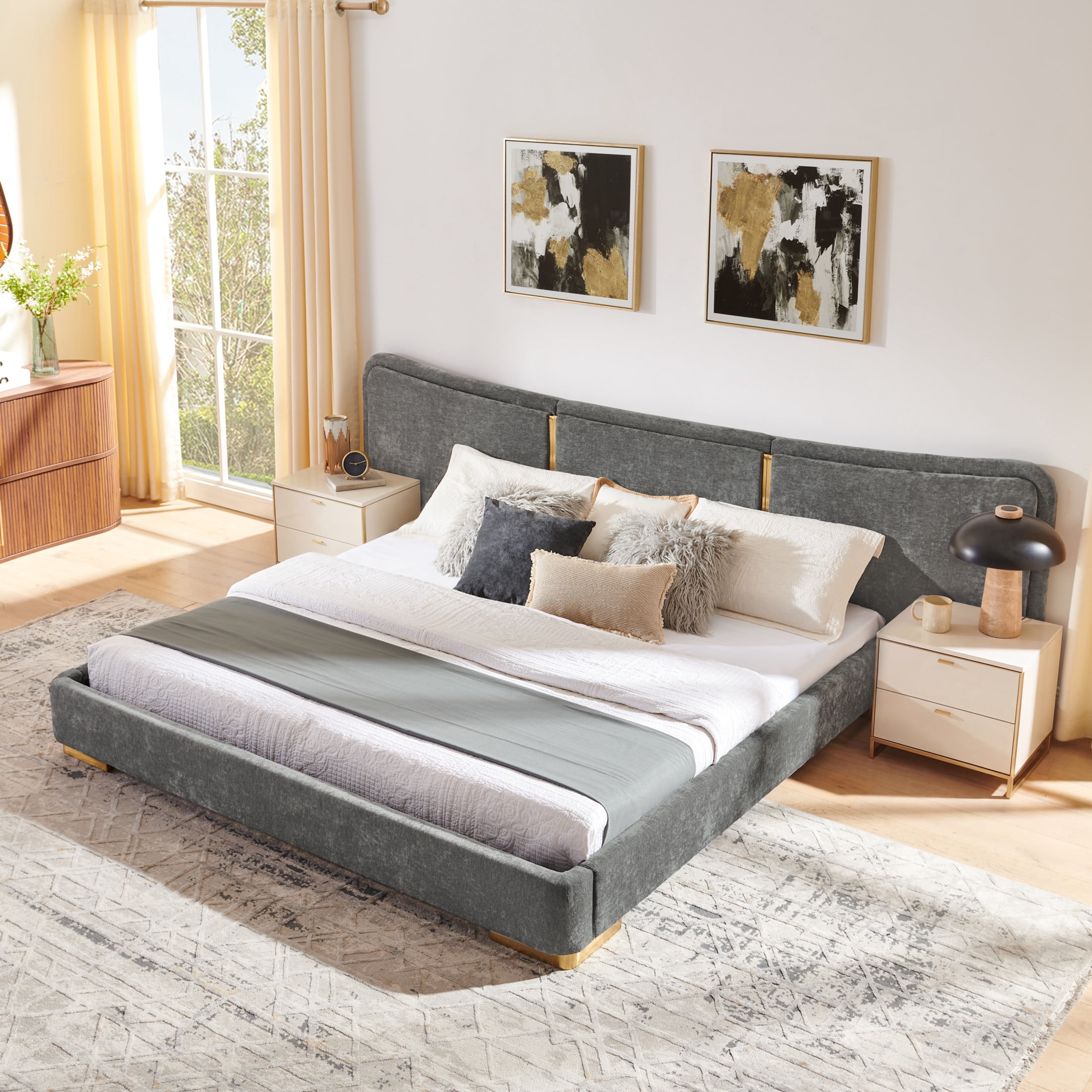 Noble House Zerra King Size Platform Bed, Chenille Upholstered Curved Headboard with Reinforced Metal Legs, Dark Gray