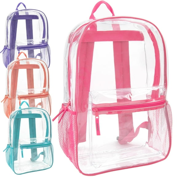 24 Pack of Bulk Wholesale Heavy Duty 17 Inch Clear Transparent Color Trimmed Stadium Approved Backpack in Assorted Brights Pack