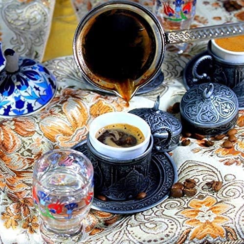 Porcelain Cups With Large Tray Saucers Pot Sugar Bowl Ottoman Arabic Gift Set Vintage Silver Engraved Embroidered Design Bronze Design Turkish Greek Arab Coffee Espresso Set for Serving 