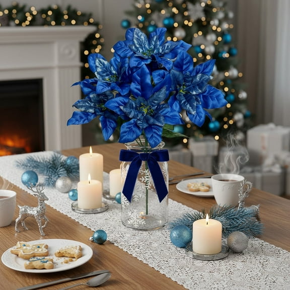 Blue Christmas Bouquet with 7 Fork Silk Flowers | Artificial Floral Arrangement for Holiday Decor | Includes Greenery Stems | 13.7 Inch Table Centerpiece