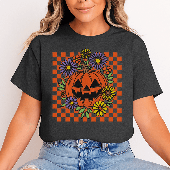 Unisex Vintage Pumpkin Checkerboard Halloween T-Shirt, 100% Cotton Graphic Tee – Gift for Halloween