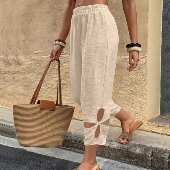 Sakmal Pleated Womens Pants Taper Cutout Summer Capris Mid Rise Solid 7/8th Yellow Pants with Pockets