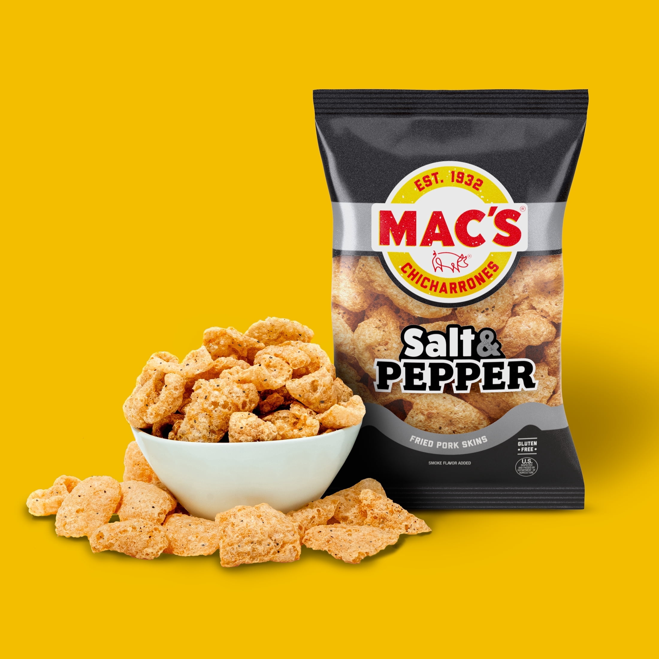 Mac's Salt and Pepper Chicharrones Pork Rinds, Pork Skins, 4 oz Bag