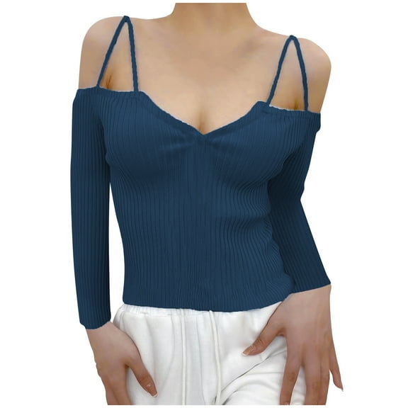 XFLWAM Women Spaghetti Straps Long Sleeve Ribbed Knit Top Off Shoulder V Neck Shirt Cold Shoulder Solid Color Slim Blouse Blue 3XL