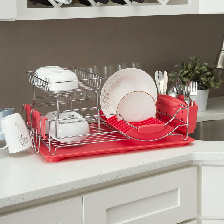Home Basics Tier Deluxe Chrome Dish Rack Drainer, Red, 20x13x10