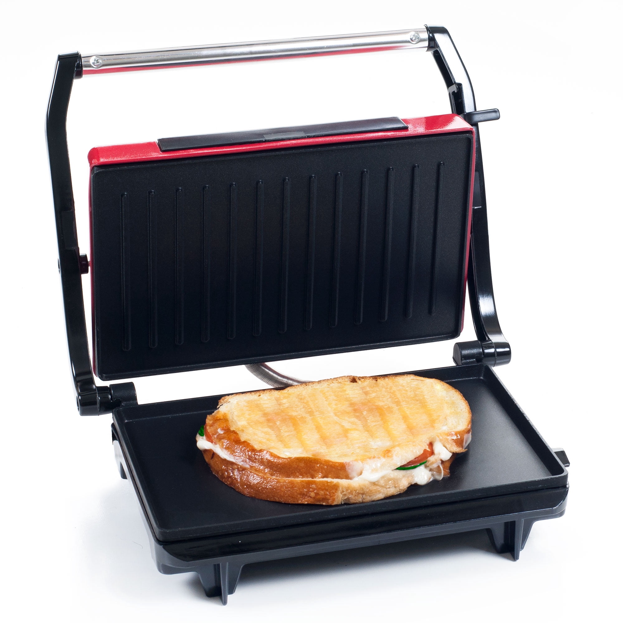 Chef Buddy Indoor Countertop Grill Panini Press Sandwich Maker with Nonstick Plates, Red