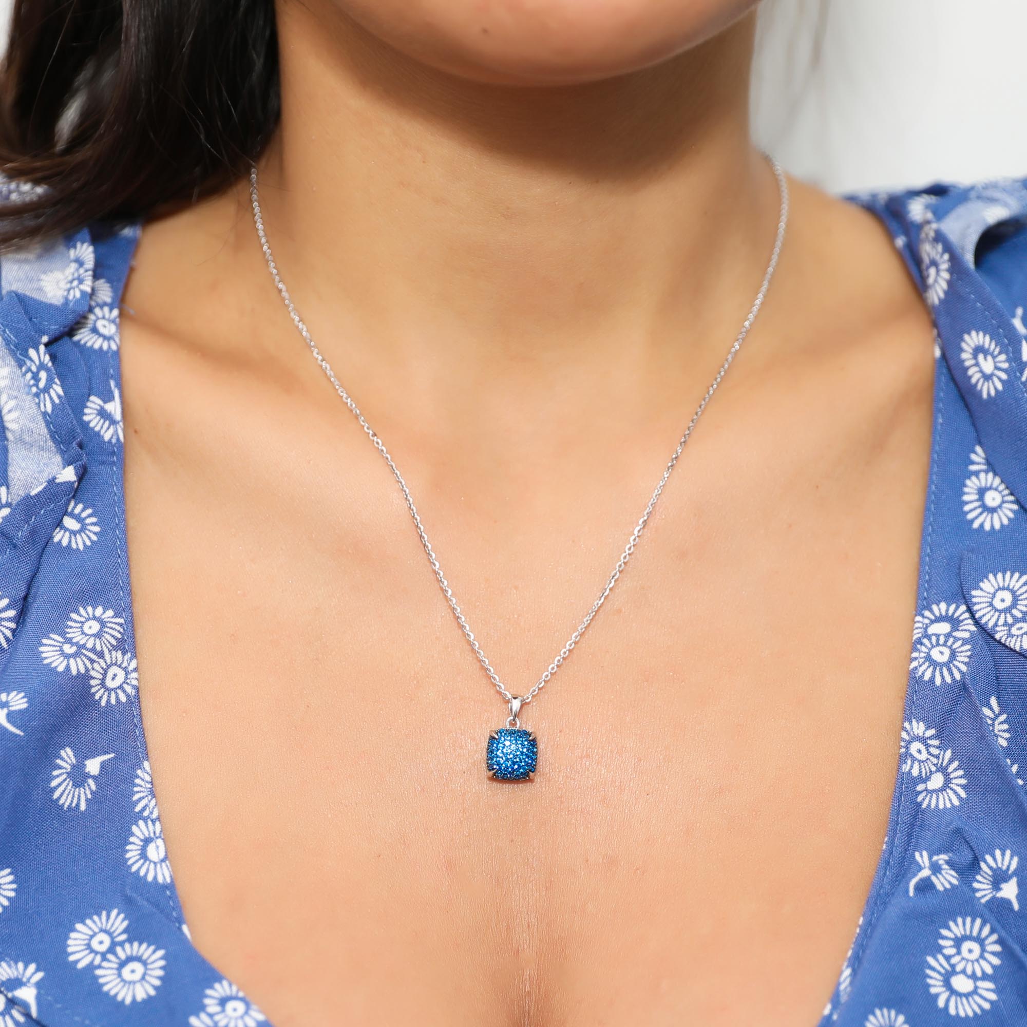 BERRICLE Sterling Silver Square Cubic Zirconia CZ Fashion Necklace and Earrings Set for Women, Rhodium Plated, Blue