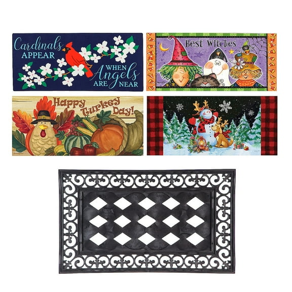 Evergreen Indoor Outdoor Doormat Bundle Set of 5 - Frame and 4 Welcome Seasonal Inserts Winter Cardinal Halloween Thanksgiving Christmas