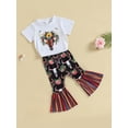 thumbnail image 3 of Wassery Kid Girls Pants Set 6M 12M 18M 24M 3T 4T 5T Toddler Girls Summer Clothes Set Short Sleeves Round Neck Bull Print Tops + Long Bell-Bottomed Pants 0-5T, 3 of 9