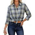 thumbnail image 6 of Womens Button Down Shirts Lightweight Plaid Long Sleeve Collared Jacket Tops Vintage Casual Business Loose Fit Blouses Sky Blue M, 6 of 9