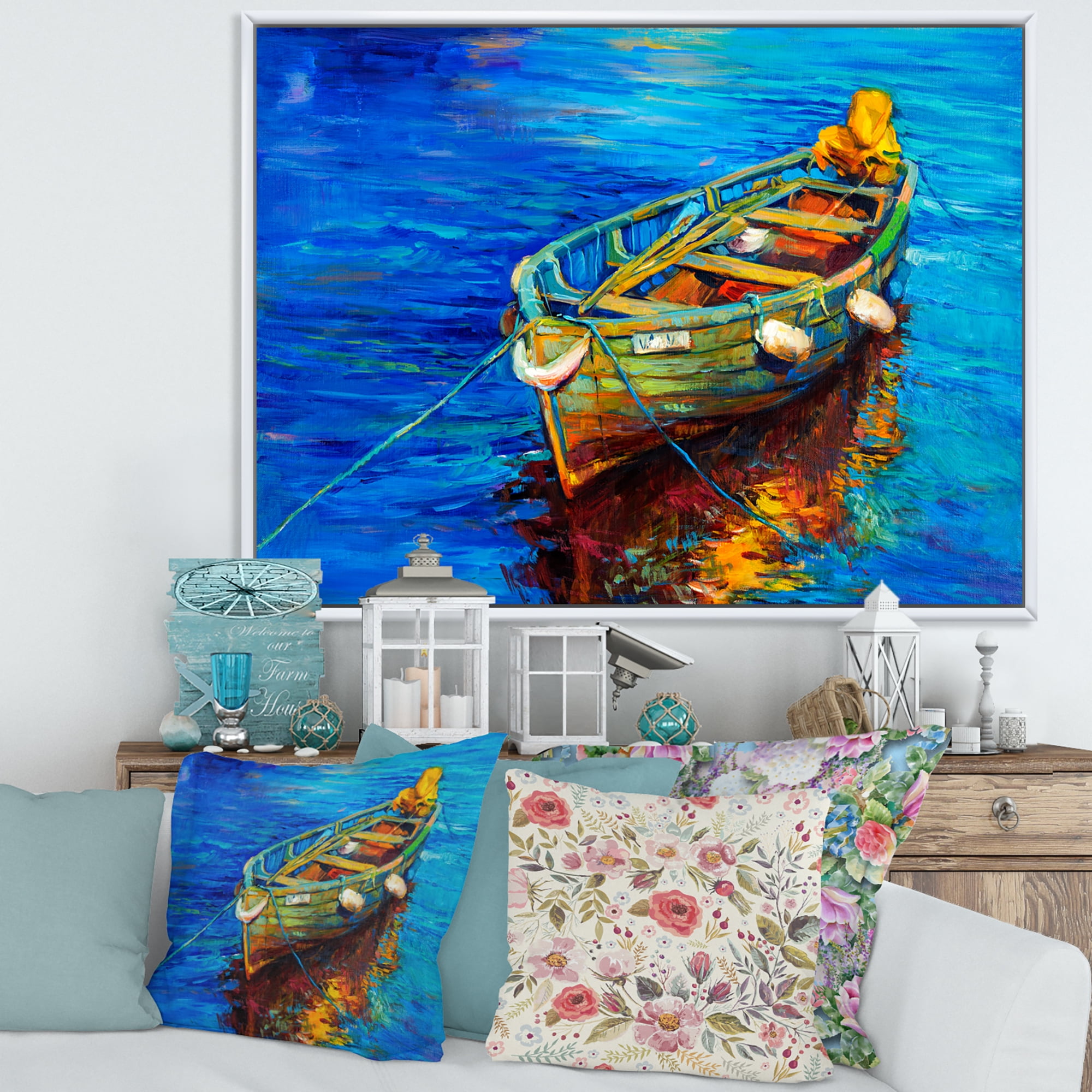 Designart 'Boats During Warm Sunset Resting On The Water IV' Nautical & Coastal Framed Canvas Wall Art Print