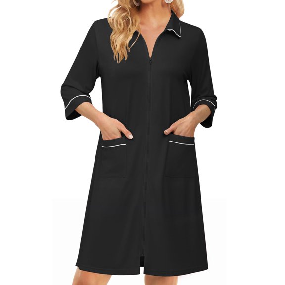EKOUAER Zipper Robes for Women 3/4 Sleeve Housecoats Knee Length Bathrobe Lightweight Nightgown with Pockets