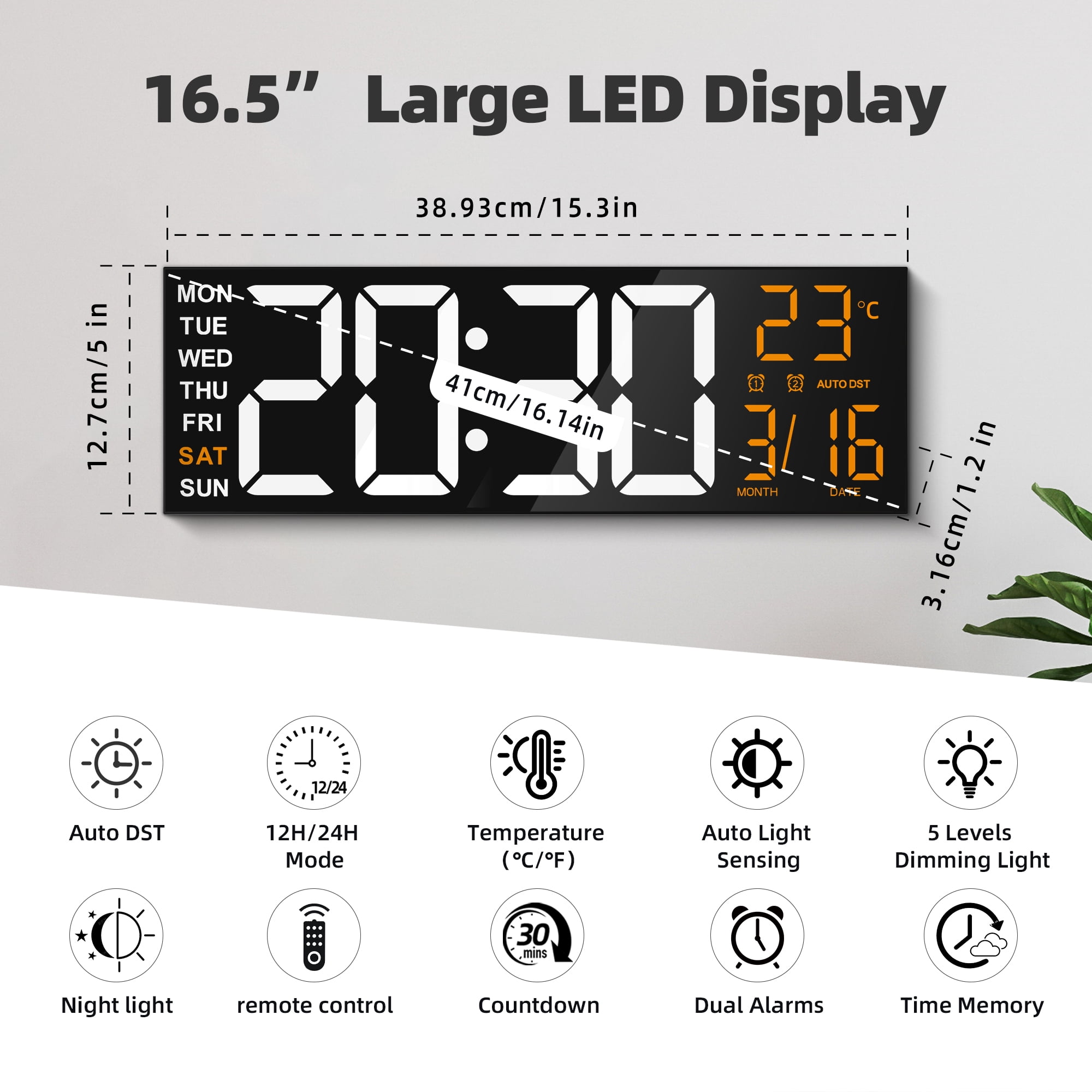 TOYOOSKY 16" Large Digital Wall Clock with 8 RGB Led Display & Remote Control