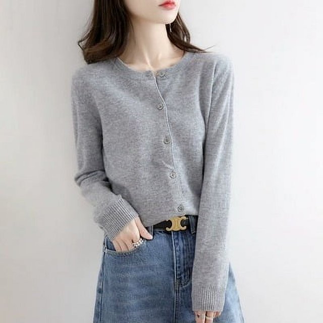 Cárdigan de punto con cuello redondo de terciopelo para otoño e invierno, abrigo fino y holgado de manga larga con botones para mujer