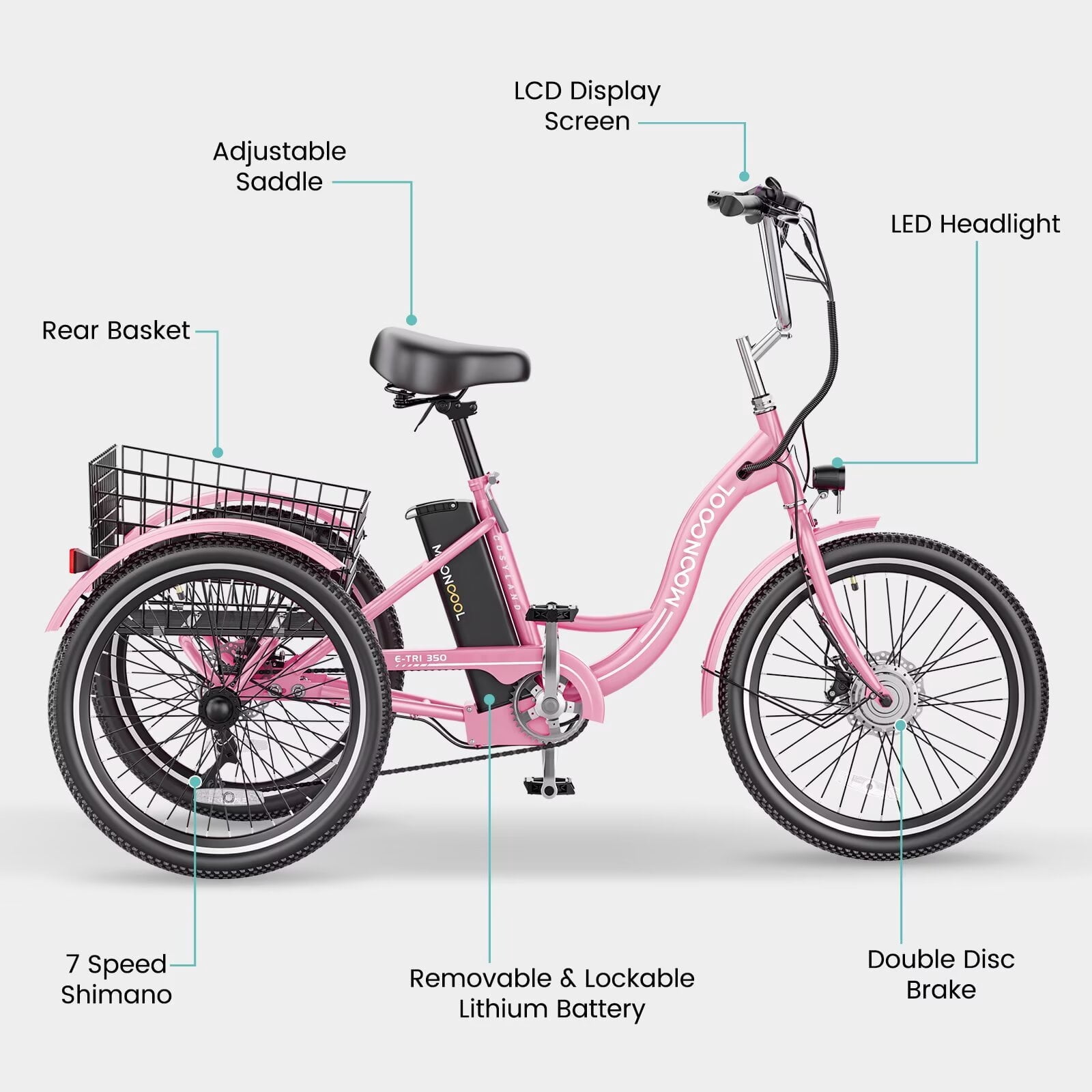 MOONCOOL 24" Electric Tricycle for Adults, 350W 36V 7 Speeds Electric Trike, 3 Wheels Adult Electric Tricycle Bicycle with Large Basket & Tool Kits