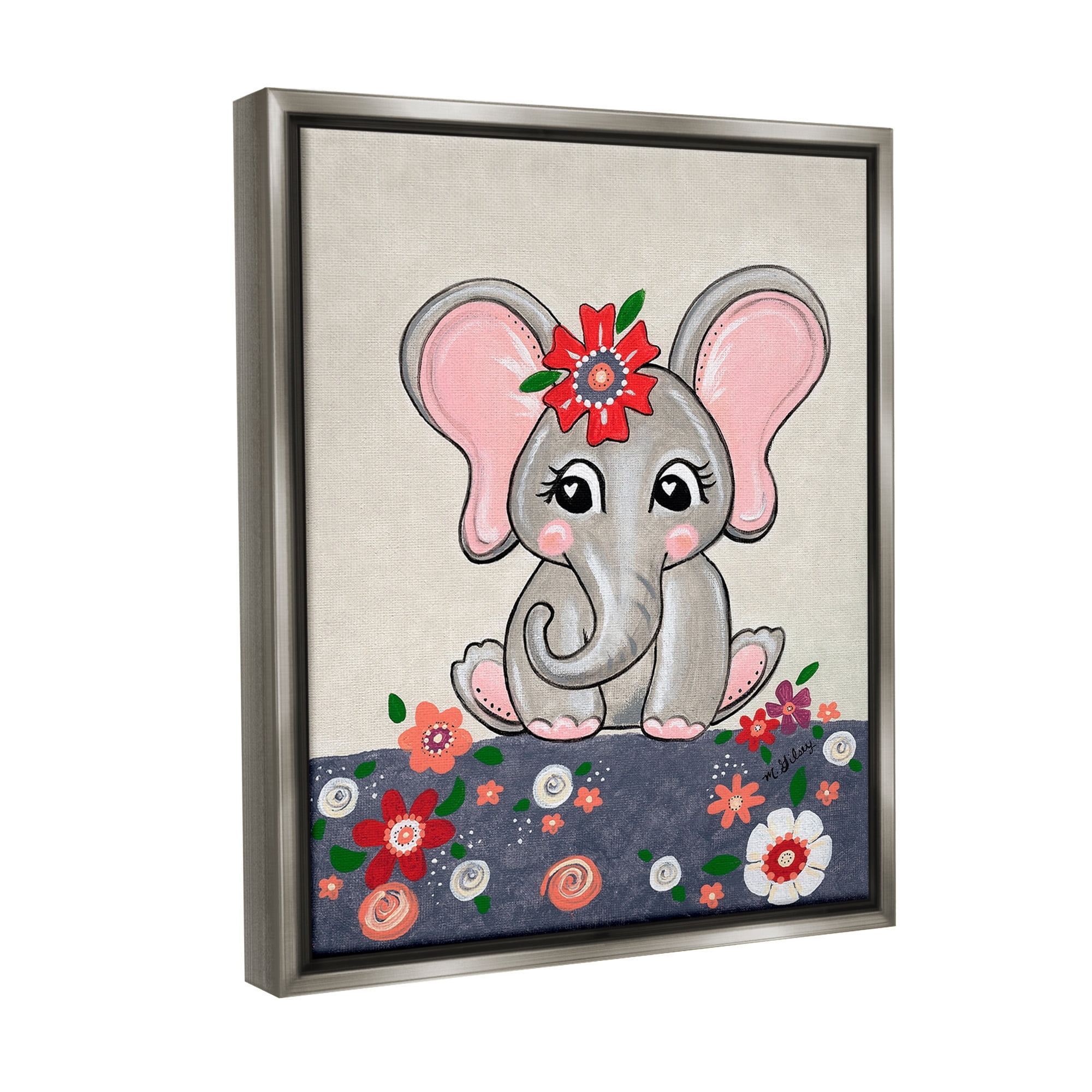 Stupell Industries Baby Elephant & Flowers Animals & Insects Painting Gray Floater Framed Canvas Art Print Wall Art, 25 x 31