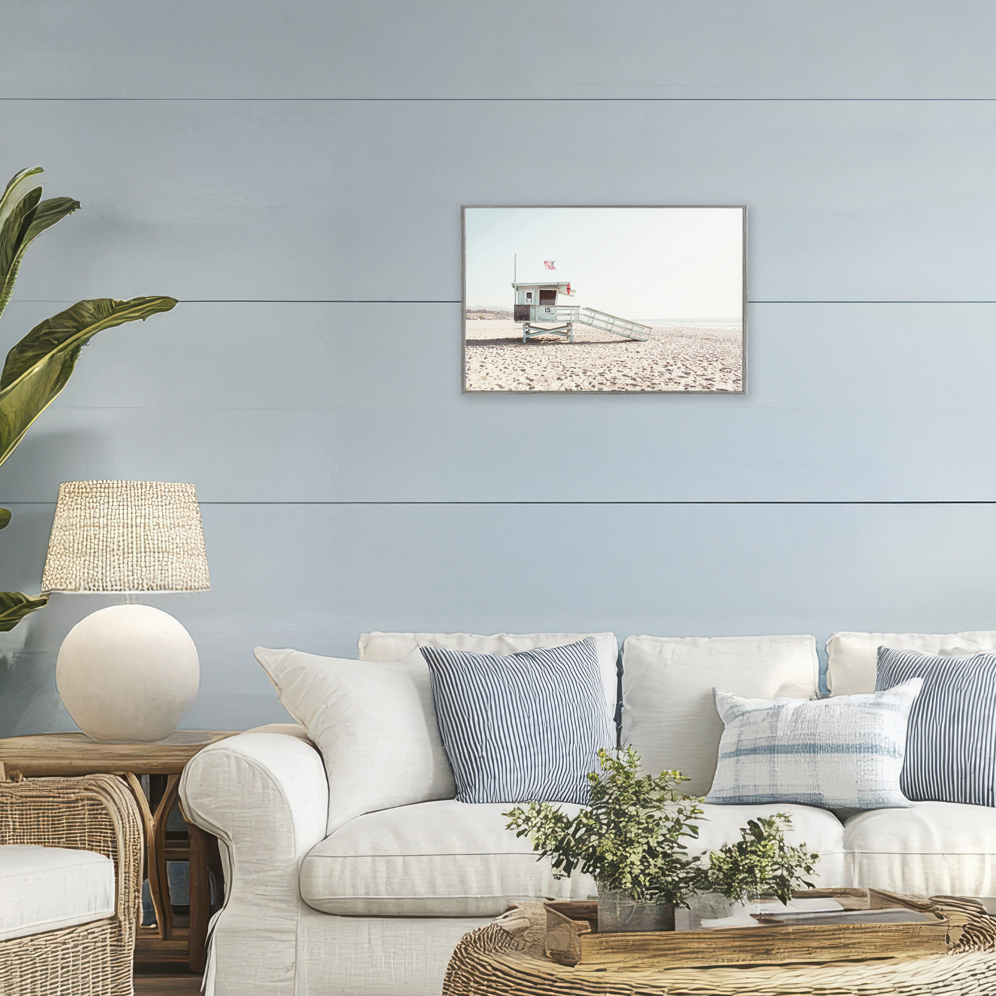Lifeguard Hut Sunny Day Gray Framed Giclee Art, design by Sisi and Seb