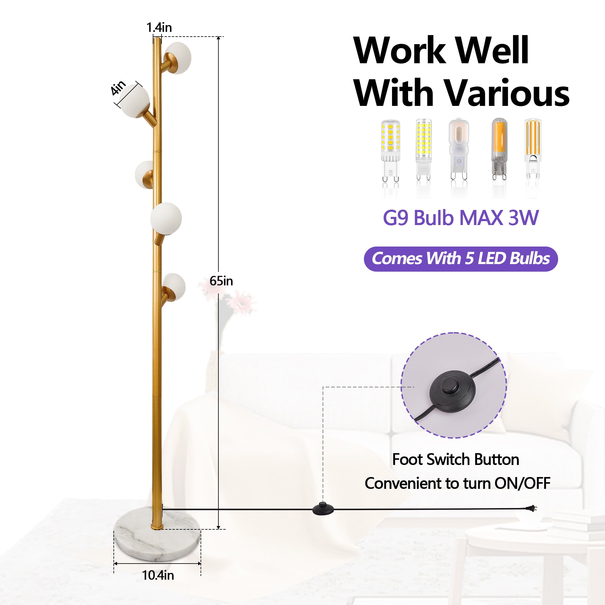 GCGAFUL 5 Glass Globe Floor Lamp for Living Room, Modern Gold Tree-Style Standing Lamp with  Weighted Base, 3000K Warm Soft Light for Bedroom Office