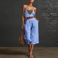 thumbnail image 7 of Women's Vacation Capri Jumpsuits Spaghetti Strap Wide Leg Linen Rompers Deep V Neck Sleeveless Cropped Jumper Light Blue, M, 7 of 7