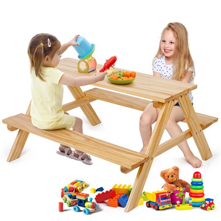 Kids Picnic Table Set Toddler Table Babies Children Chair Bench Set in Backyards Lawns Garden and Beaches Wooden Outdoor Activity Table