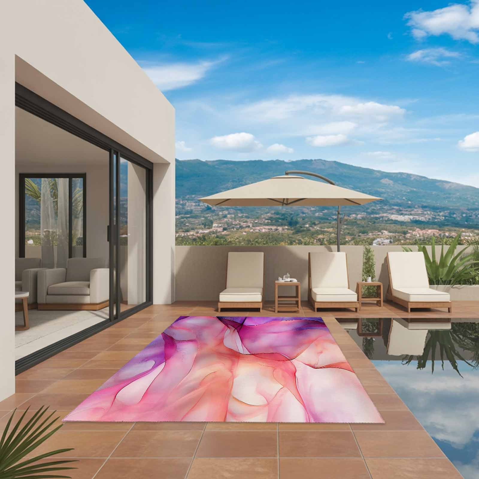 Outdoor Rug 5x8ft Abstract Ombre Pink Marble Large Area Rug Modern Art Indoor Outdoor Carpet Outdoor Rugs Mats for Patio Camping,RV,Front Door, Outside Decor