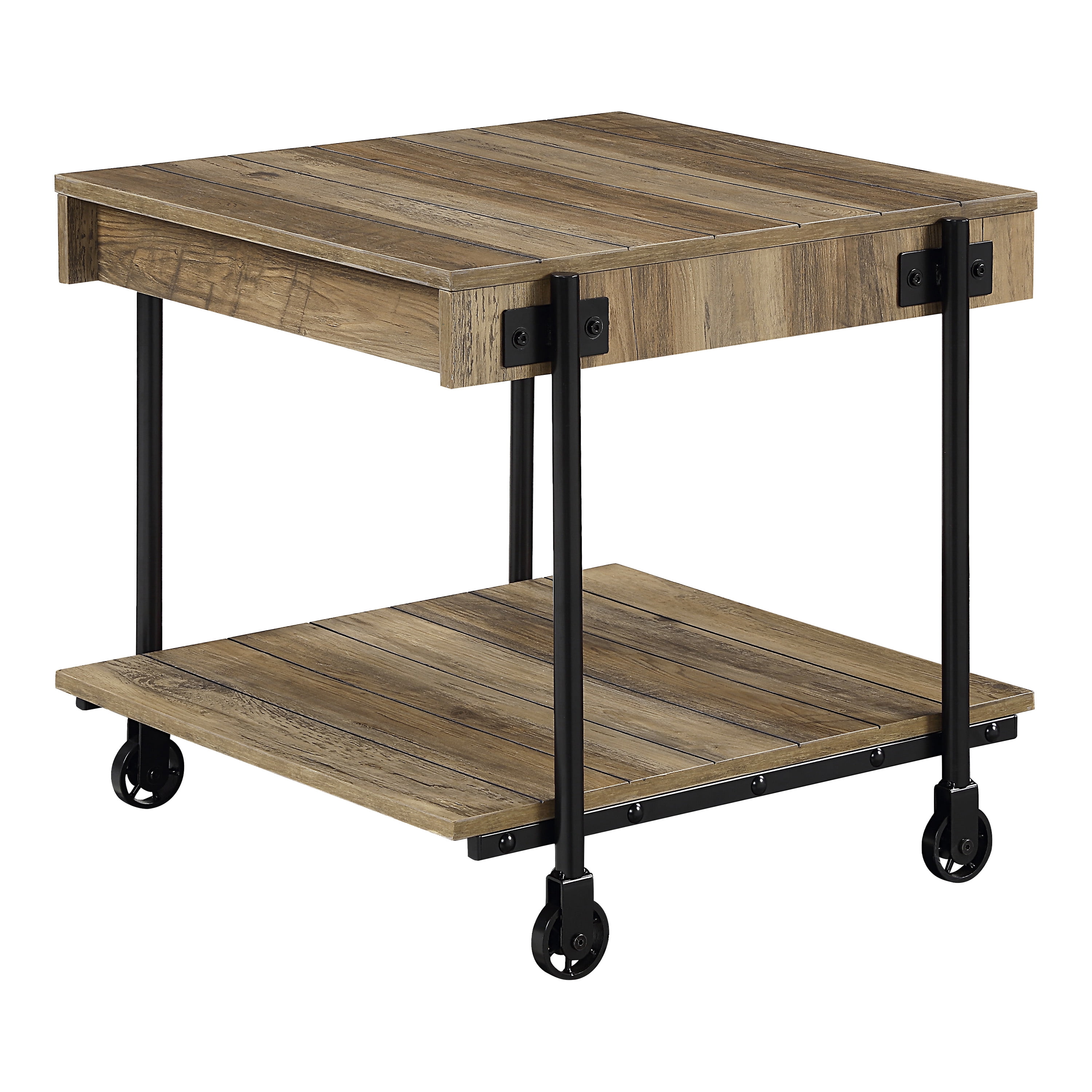 Furniture of America Russe 1-Shelf Wood Rustic Oak End Table with Wheels