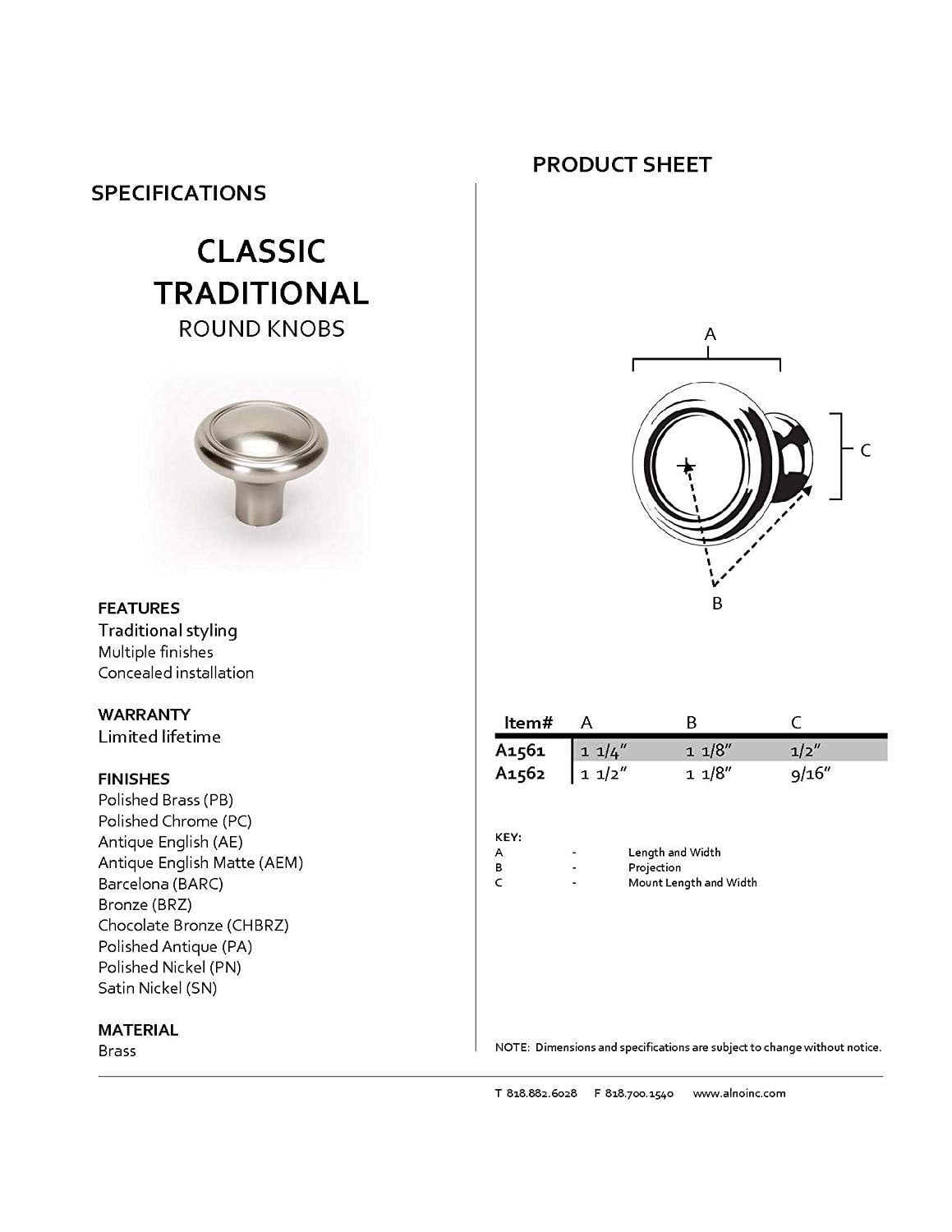 Alno A1561-BARC Classic Traditional 1-1/4" Cabinet Knob Barcelona